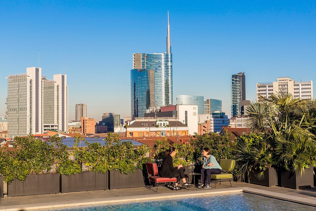 Italy, Lombardy, Milan, 7 Ceresio, restaurant with rooftop pool, designed by the architectural firm Studio Dimore with basically the Porta Nuova district and Unicredit Tour de architect Cesar Pelli