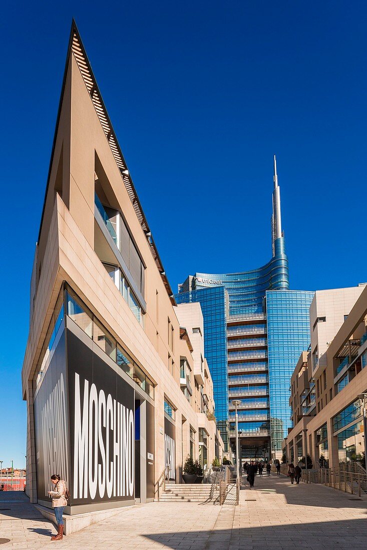 Italy, Lombardy, Milan, Porta Nuova Garibaldi district (2009-2015) access to the new business district at the bottom with the Unicredit Tower designed by architect Cesar Pelli