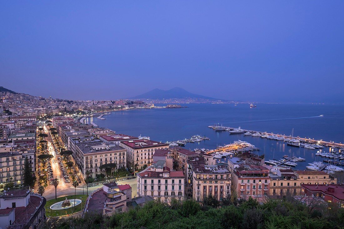Italy, Campania region, Naples, the Gulf of Naples with Mount Vesuvius on the horizon, panoramic view from Posillipo hill