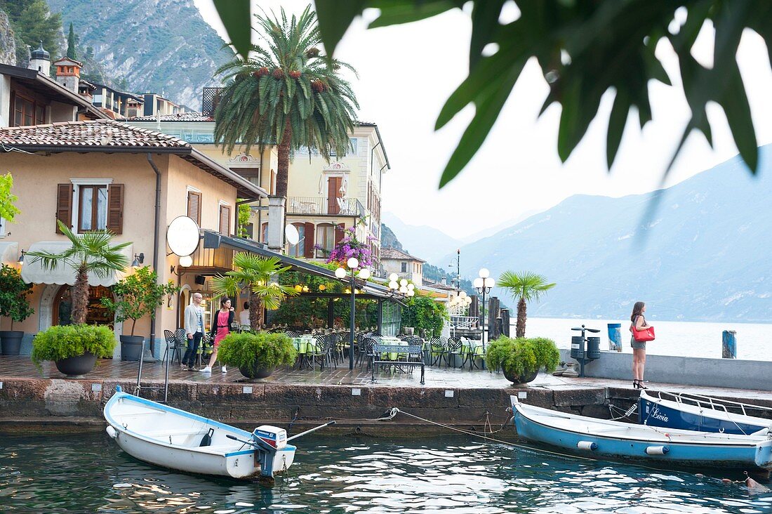 Italy, Lombardy, Lago di Garda, Limone Sul Garda, late afternoon at the port