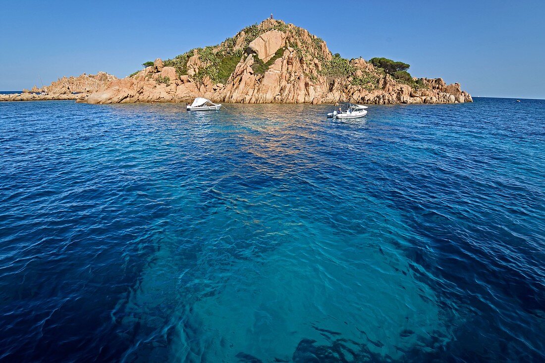 Italy, Sardinia, Tyrrhenian Sea, Gulf of Orosei, Arbatax island frequented by tourists in pleasure boats