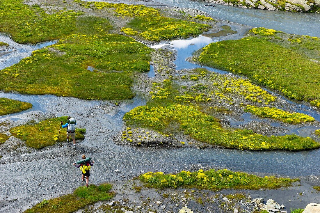 Italy, Valle d'Aosta, La Thuile, Col du Petit Saint-Bernard, hikers near Lake of the Tormottaz