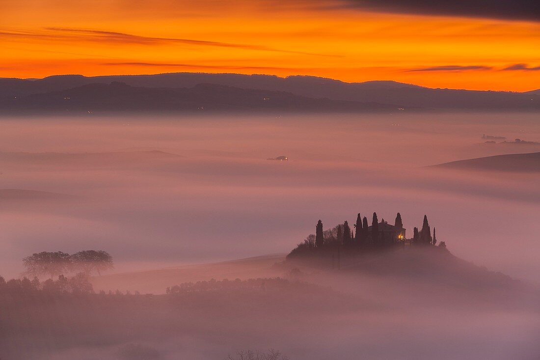 Italien, Toskana, Bezirk Siena, Orcia-Tal, UNESCO-Weltkulturerbe, Podere Belvedere in der Nähe von San Quirico d'Orcia