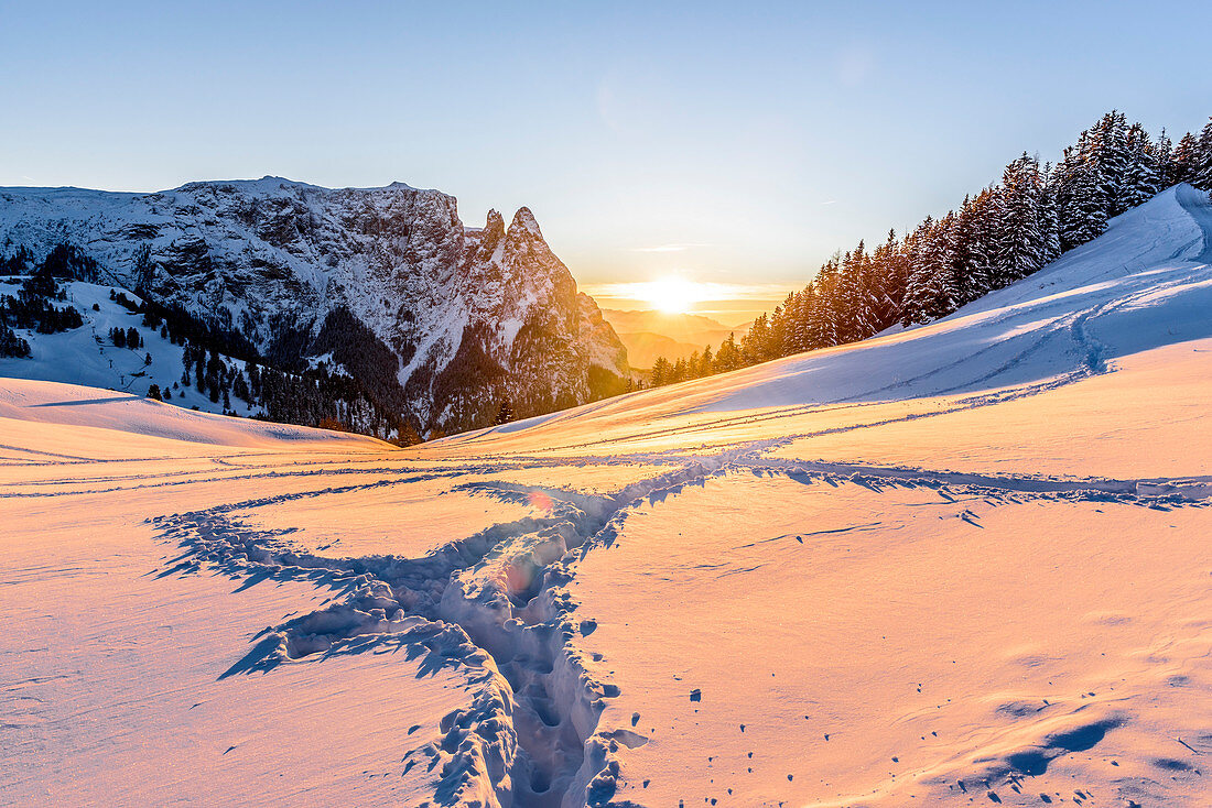 Sunset in the Seiser Alm ski area, South Tyrol, Italy