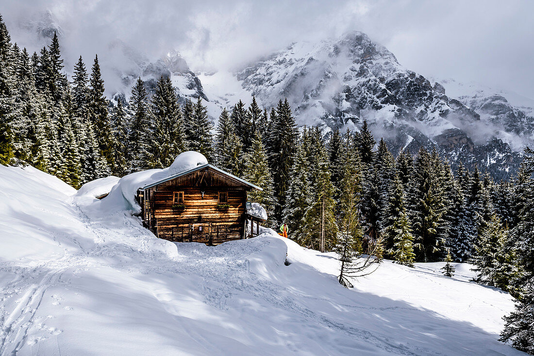 Hut on a ski tour in the Pflersch valley, South Tyrol, Italy