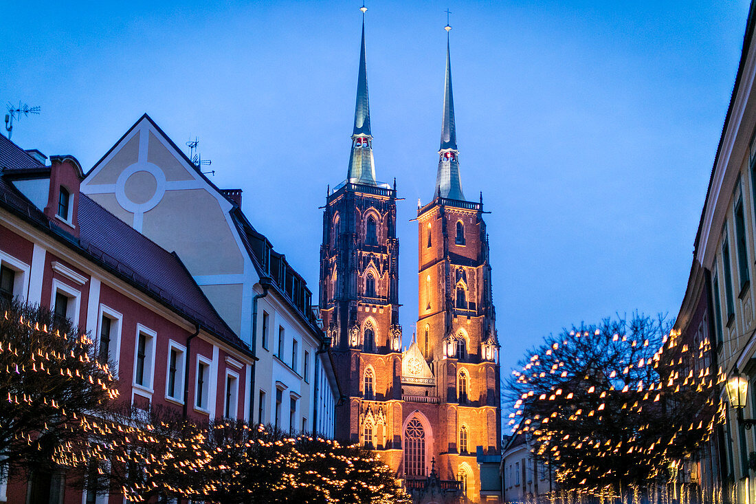 Breslauer Dom am Abend, Kathedrale St. Johannes des Täufers, Dominsel, Ostrów Tumski, Breslau, Polen, Europa