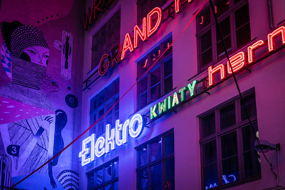 Neon side gallery at night, galeria neonów, Ruska 46c, Wroclaw, Lower Silesia Region, Poland
