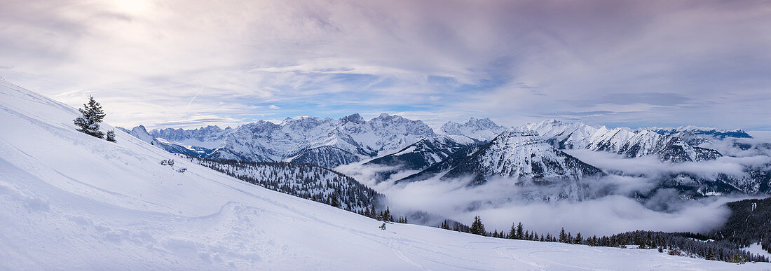 Winter landscape in the Karwendel at the Schafreiter near the origin of the Isar