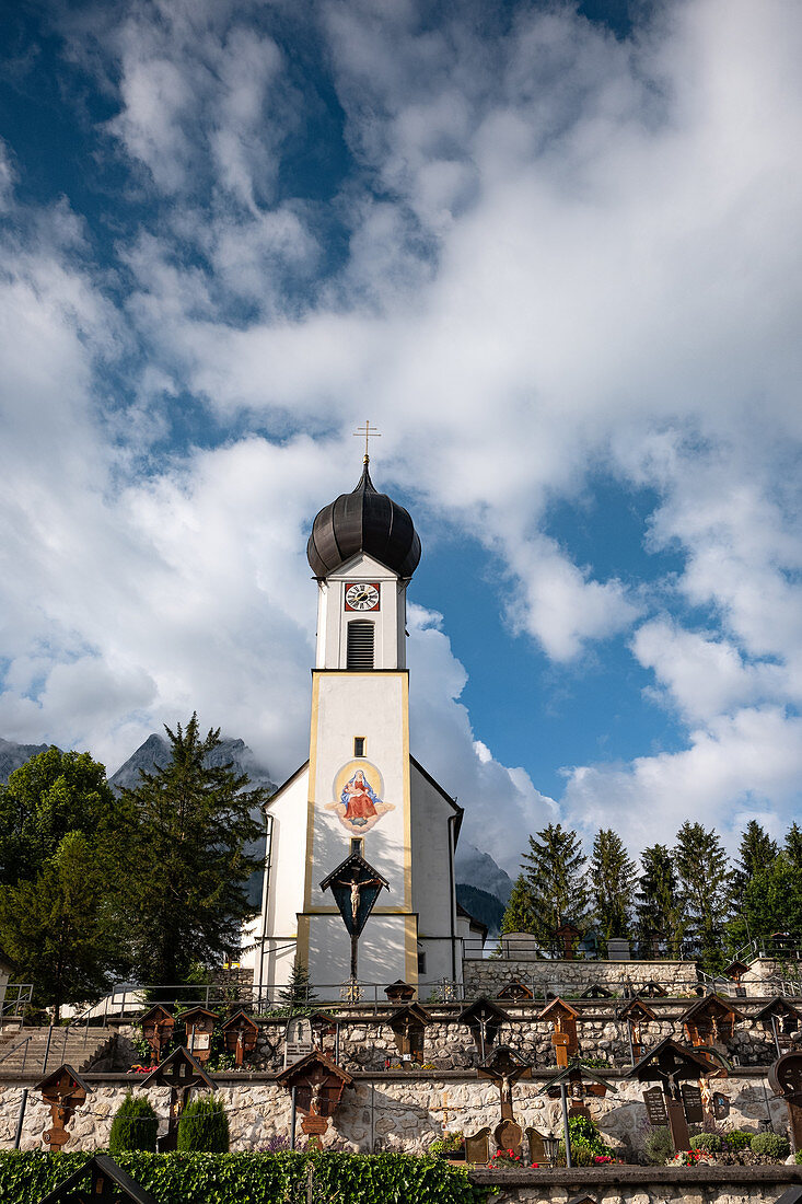 View of St. John the Baptist Church in Grainau, in the background the Waxenstein, Grainau, Bavaria, Germany, Europe