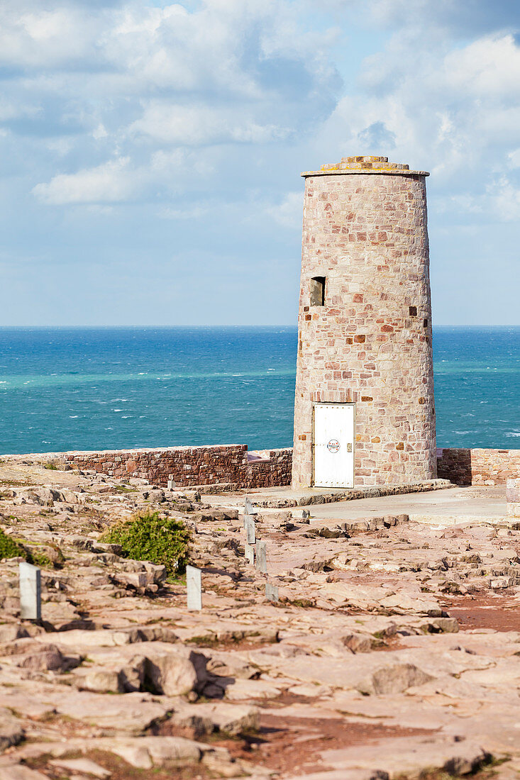 Below the large lighthouse at Cap Frehel is this small and older lighthouse. Looking towards the bay of Saint Brieuc, Brittany France