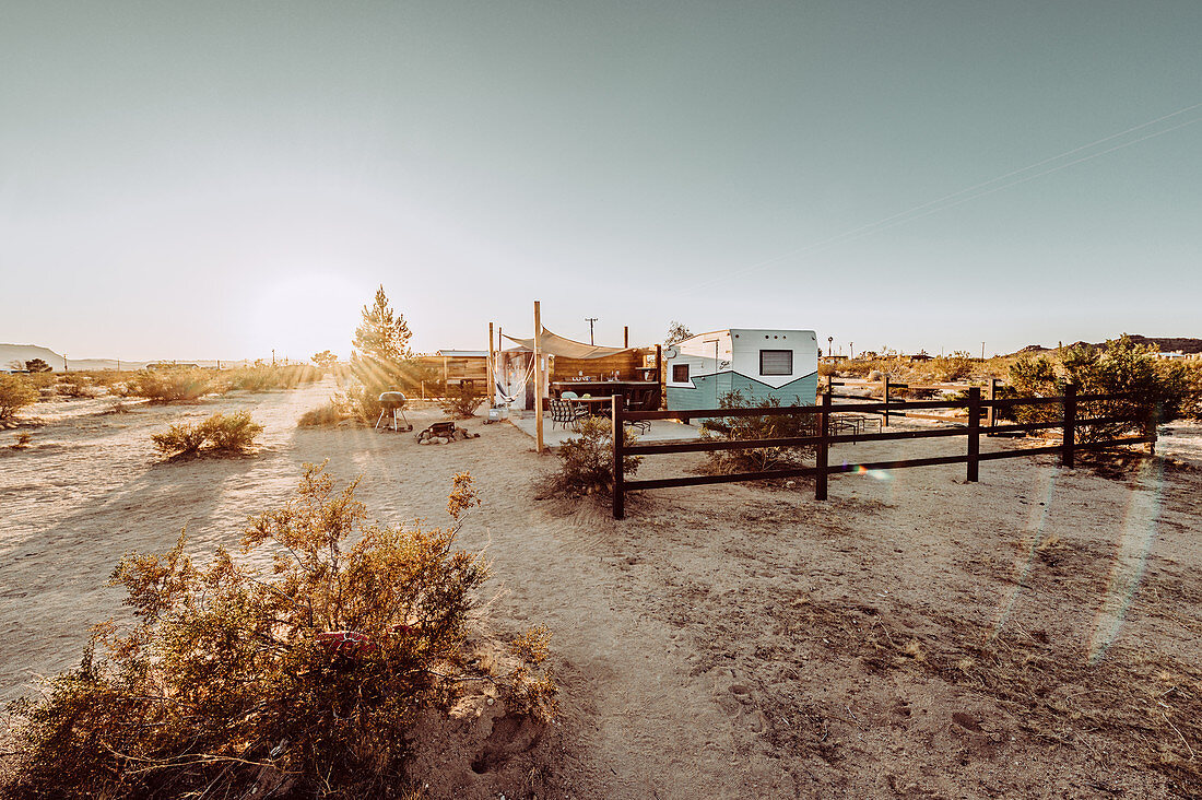 Airbnb property with caravan and outdoor area in Joshua Tree National Park, Joshua Tree, Los Angeles, California, USA, North America