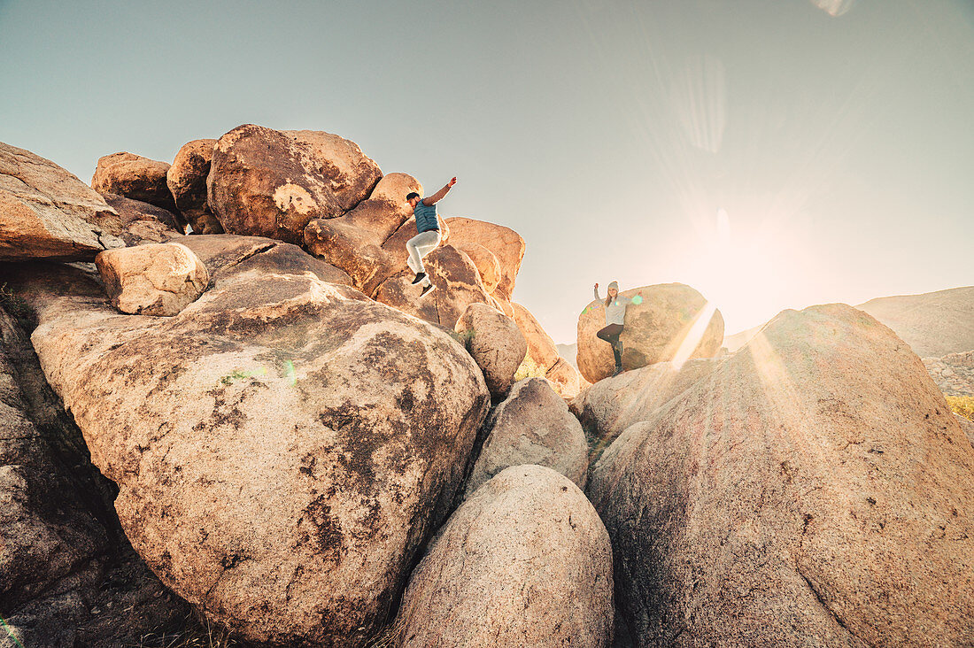 Jump in the sunlight, Joshua Tree National Park, Los Angeles, California, USA, North America