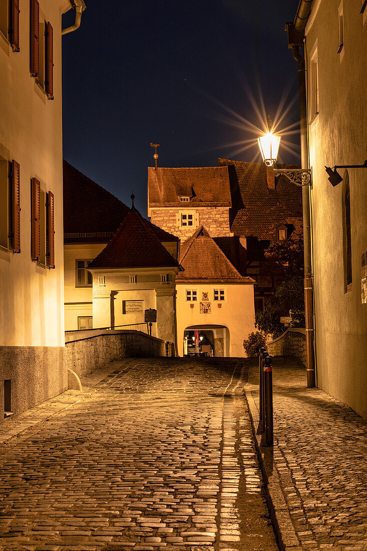 Middle gate in Berching at the blue hour, Neumarkt in der Oberpfalz, Upper Palatinate, Bavaria, Germany