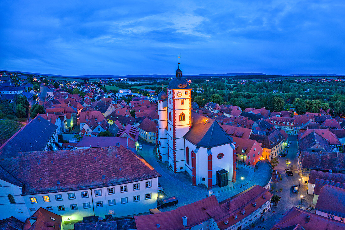 View of the parish church of St. Augustine in Dettelbach at the blue hour, Kitzingen, Lower Franconia, Franconia, Bavaria, Germany, Europe