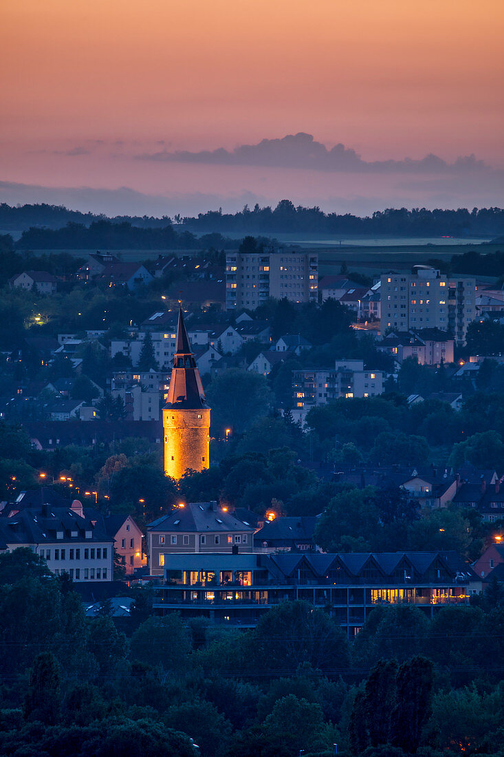 View of the Falterturm in Kitzingen at the blue hour, Lower Franconia, Franconia, Bavaria, Germany, Europe