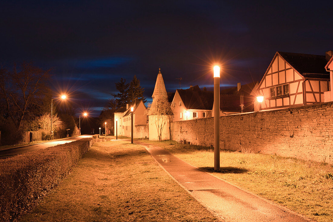 Nocturnal view of the city wall of Sulzfeld am Main, Kitzingen, Lower Franconia, Franconia, Bavaria, Germany, Europe