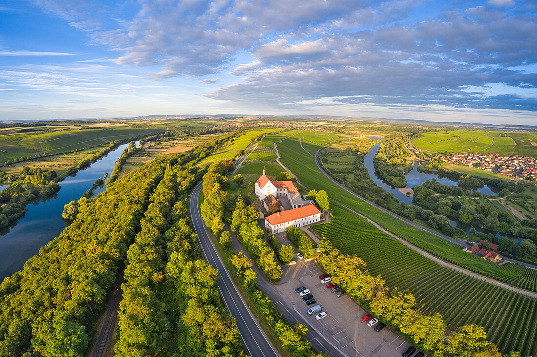 Aerial view of the Vogelsburg near Volkach, Mainschleife, Kitzingen, Lower Franconia, Franconia, Bavaria, Germany, Europe