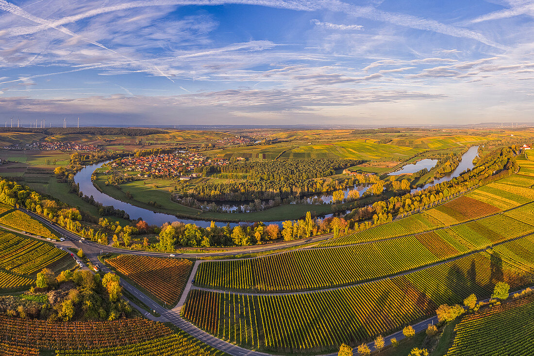 Aerial view of the Mainschleife near Volkach, Kitzingen, Lower Franconia, Franconia, Bavaria, Germany, Europe