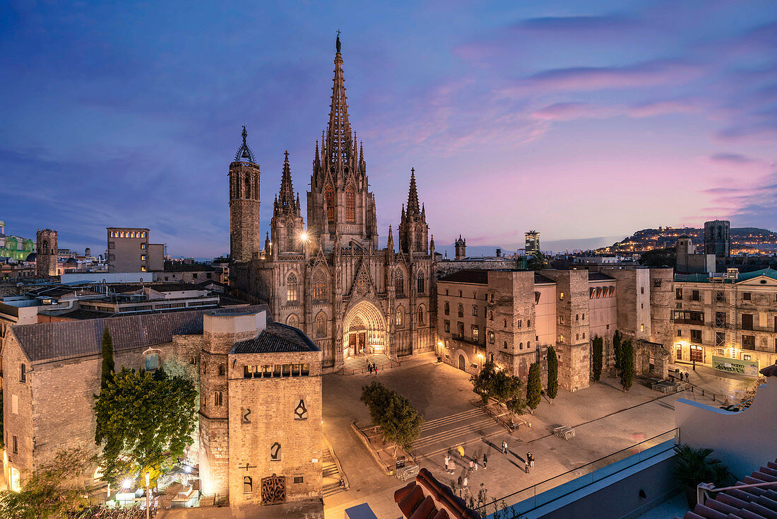 View of Barcelona Cathedral from the roof terrace of the Hotel Colon in the Gothic Quarter of Barcelona, Spain