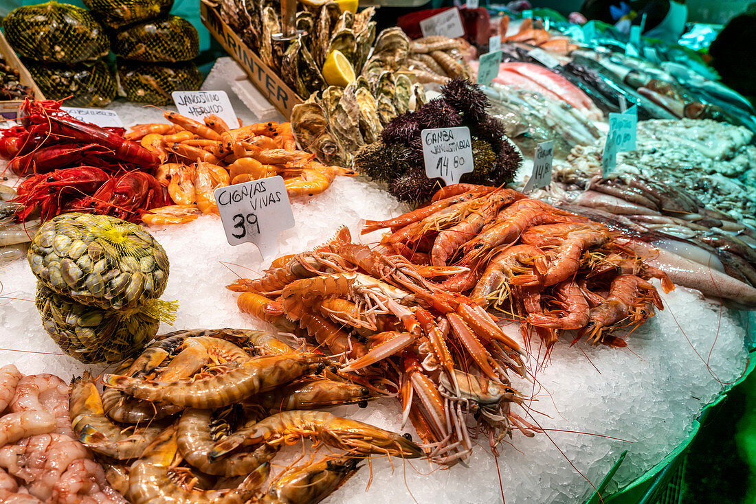 fresh fish in the La Boqueria market hall, Mercat de la Boqueria, Barcelona, Spain
