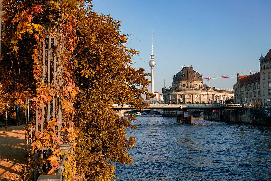Herbst am Spreeufer in Berlin Mitte, Bodemuseum, Alex Fernsehturm, Berlin, Deutschland