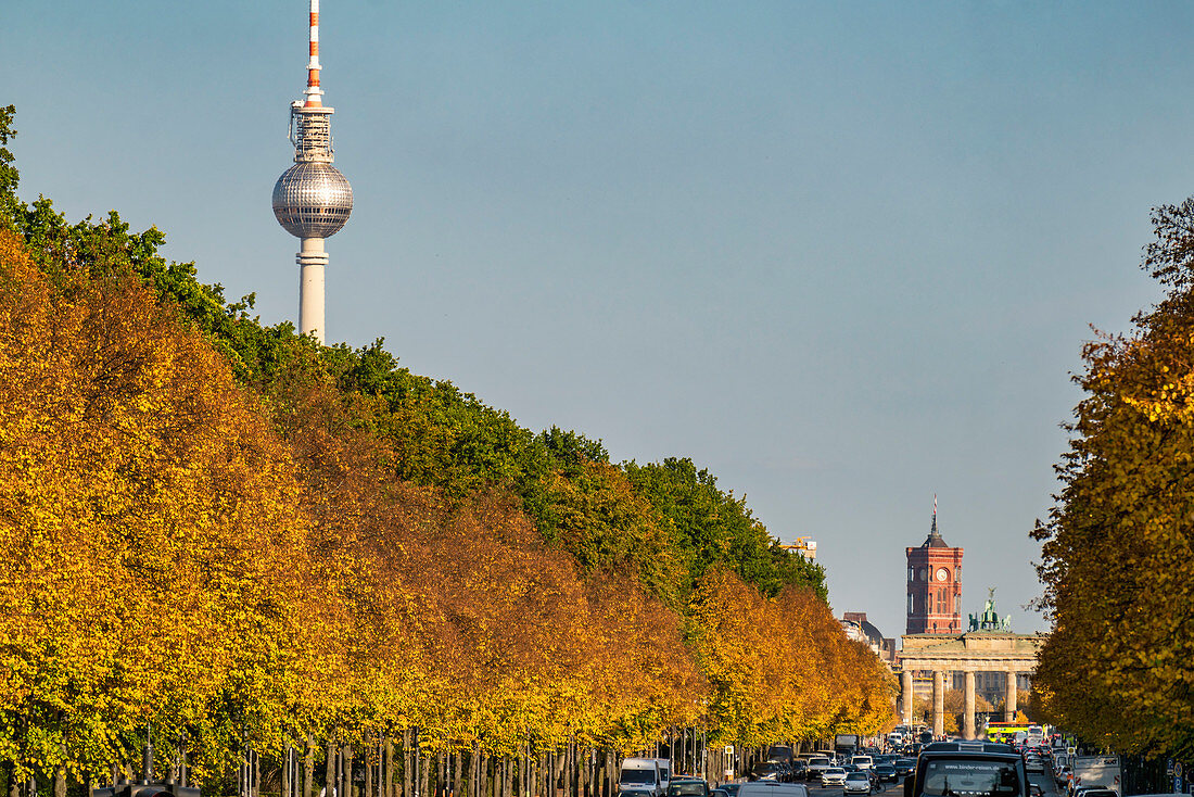 Strasse des 17. Juni, autumnal Tiergarten, Alex, TV tower, Berlin, Germany