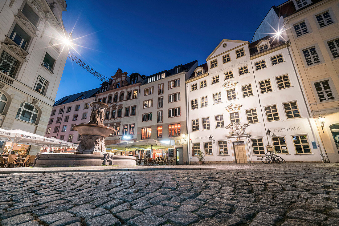 Lipsia fountain, Drallewatsch, street cafes, Leipzig, Saxony, Germany