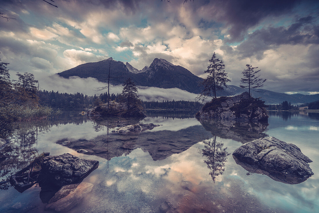 Blick über den Hintersee mit bewachsenen Felsinseln im Vordergrund auf Schärtenspitze und Kleinkalter, Berchtesgadener Land, Bayern, Deutschland