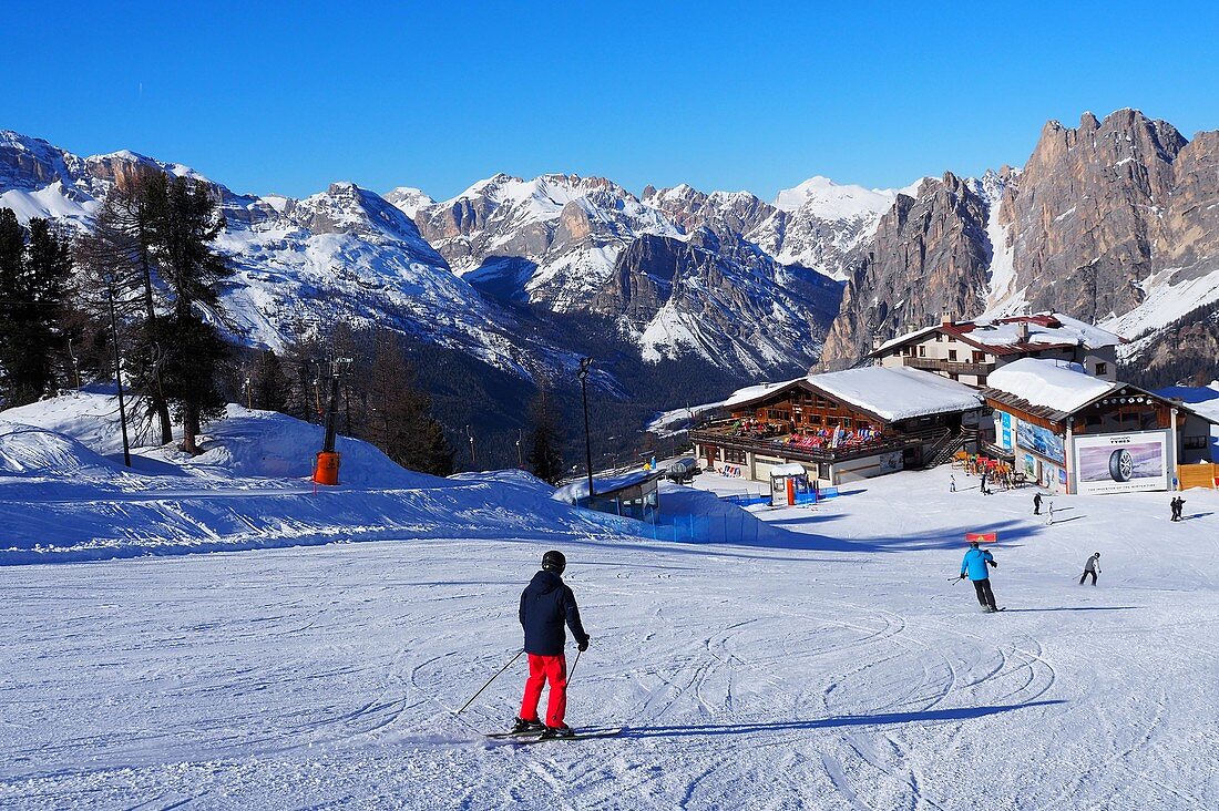 in the ski area under the Cristallo above Cortina d'Ampezzo, ski slope, snow, skiers, landscape, Dolomites, winter in Veneto, Italy