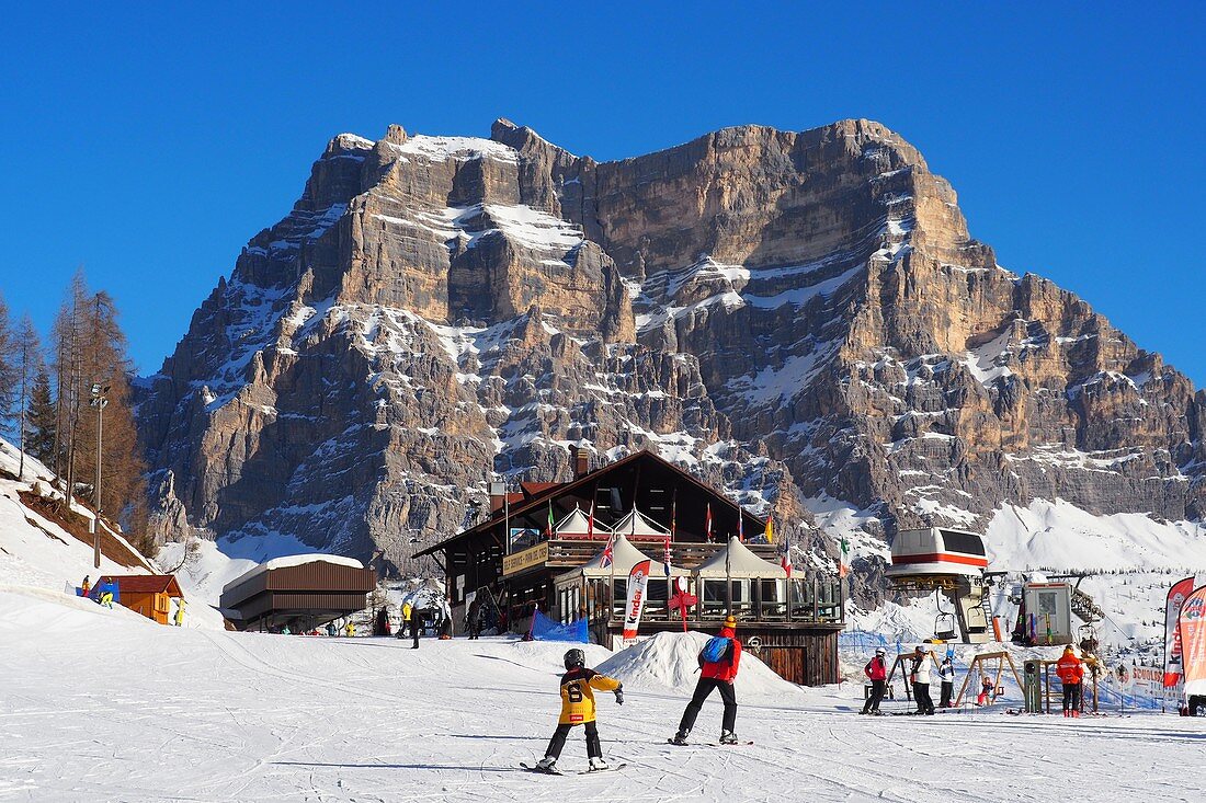At Monte Pelmo in the skiing area Civetta above Alleghe, snow, ski slope, ski lift, hut, Dolomiti Superski, Dolomites Veneto, Italy