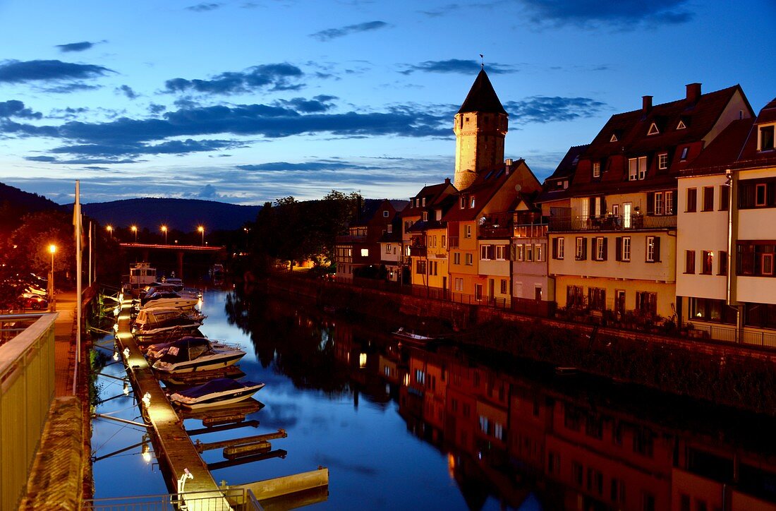 Evening on the Neckar, Wertheim am Main, tower, houses, river, reflection, boats, sky, clouds, Taubertal, Württemberg, Germany