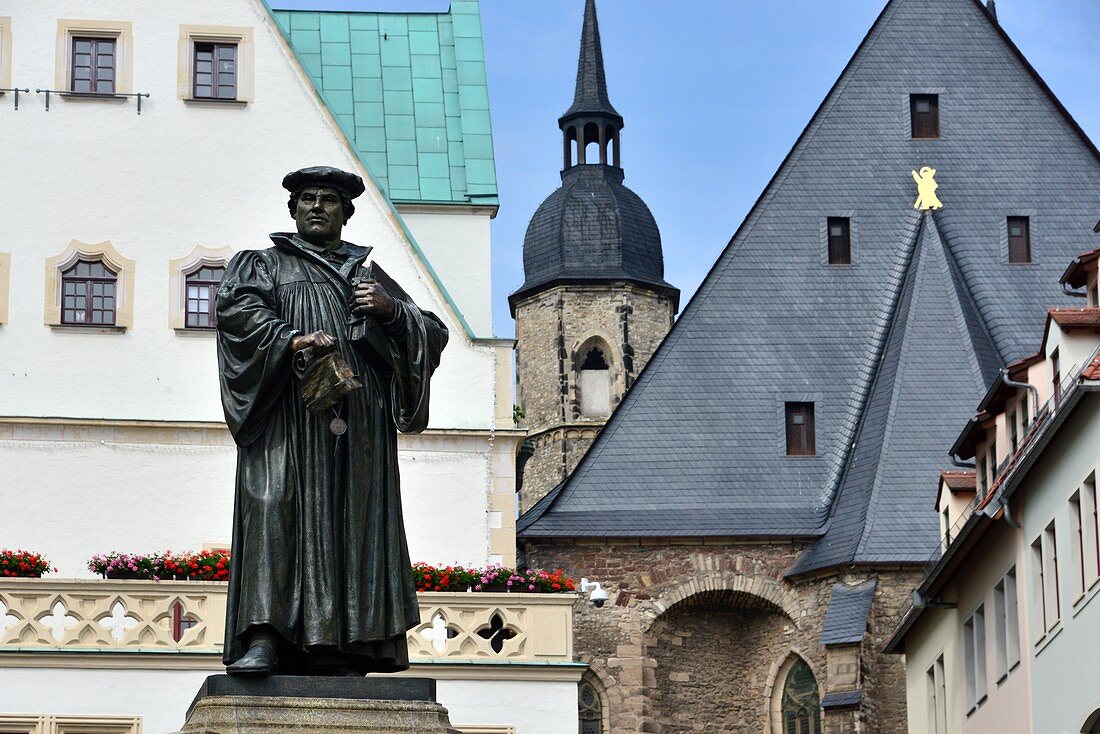 at the market square with town hall and Luther monument in Lutherstadt Eisleben, city church, Saxony-Anhalt, Germany