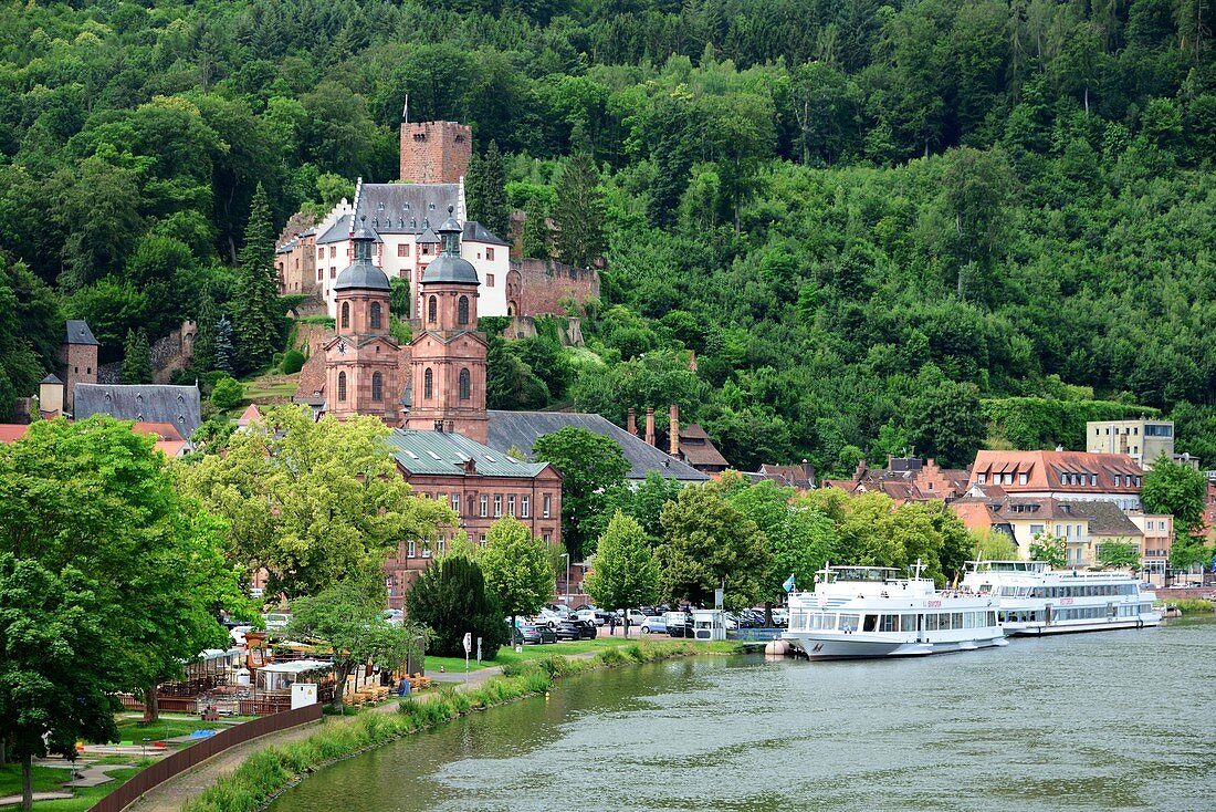 Miltenberg am Main, Kirche, Fluss, Ausflugsboote, Boote, Wald, Ufer, Unter-Franken, Bayern, Deutschland