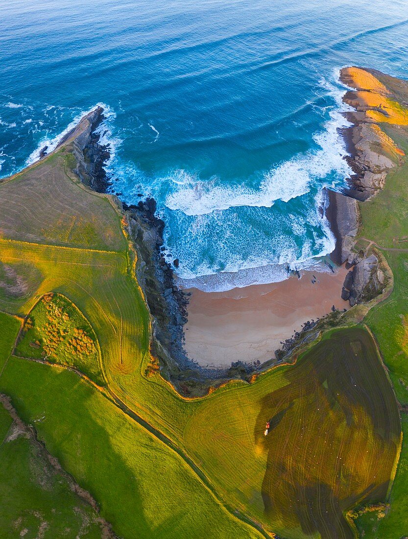 Aerial view of Antuerta beach, Ajo, Bareyo Municipality, Trasmiera Coast. Cantabrian Sea, Cantabria, Spain, Europe