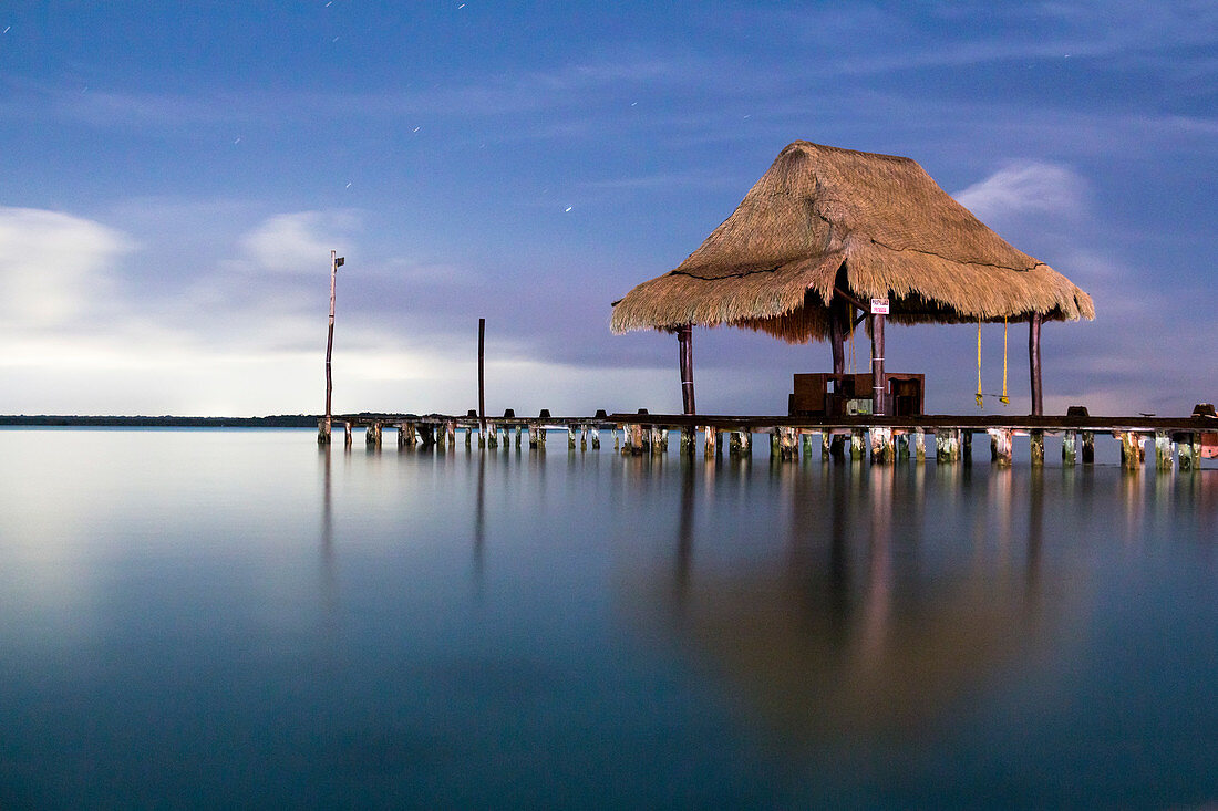Night shot of jetty on the Bacalar Lagoon, Quintana Roo, Yucatan Peninsula, Mexico