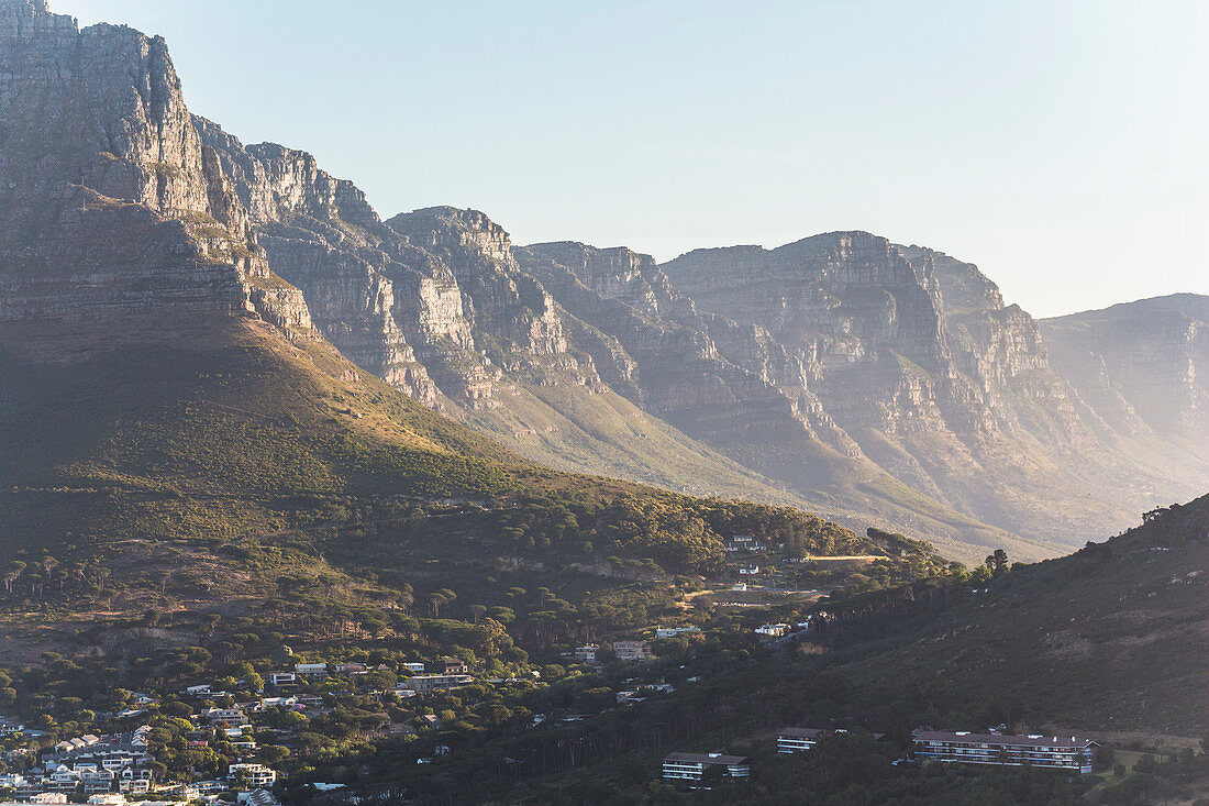 View from Signal Hill viewpoint over mountain range in Cape Town in the evening light, South Africa
