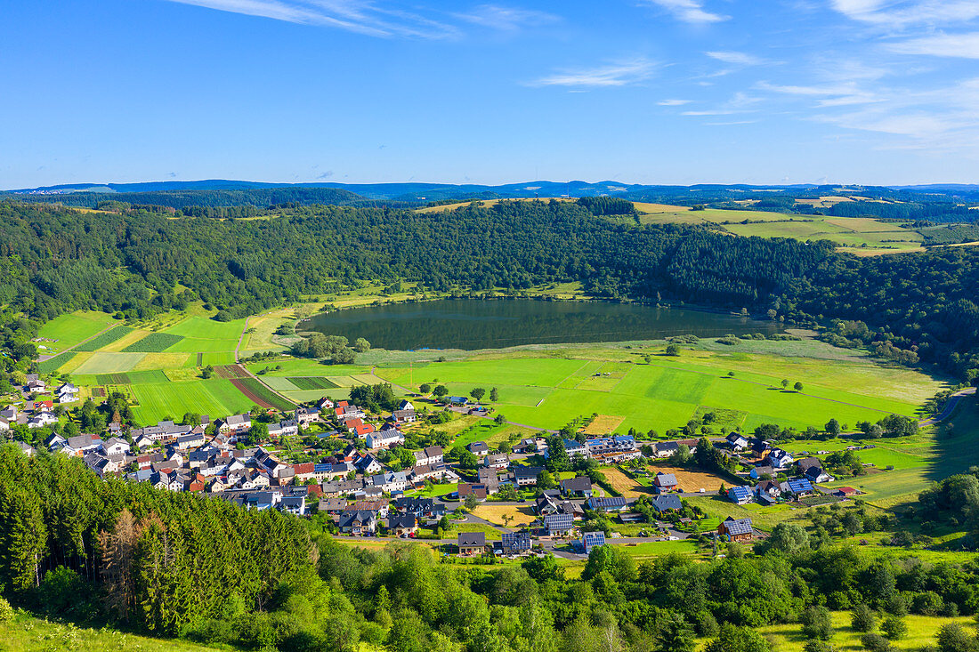 Aerial view of the Meerfelder Maars, Eifel, Rhineland-Palatinate, Germany