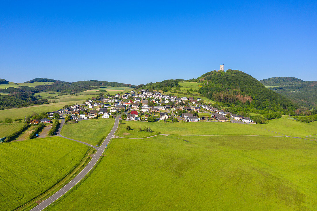 Aerial view of Olbrück Castle with grove near Niederdürenbach, Eifel, Rhineland-Palatinate, Germany