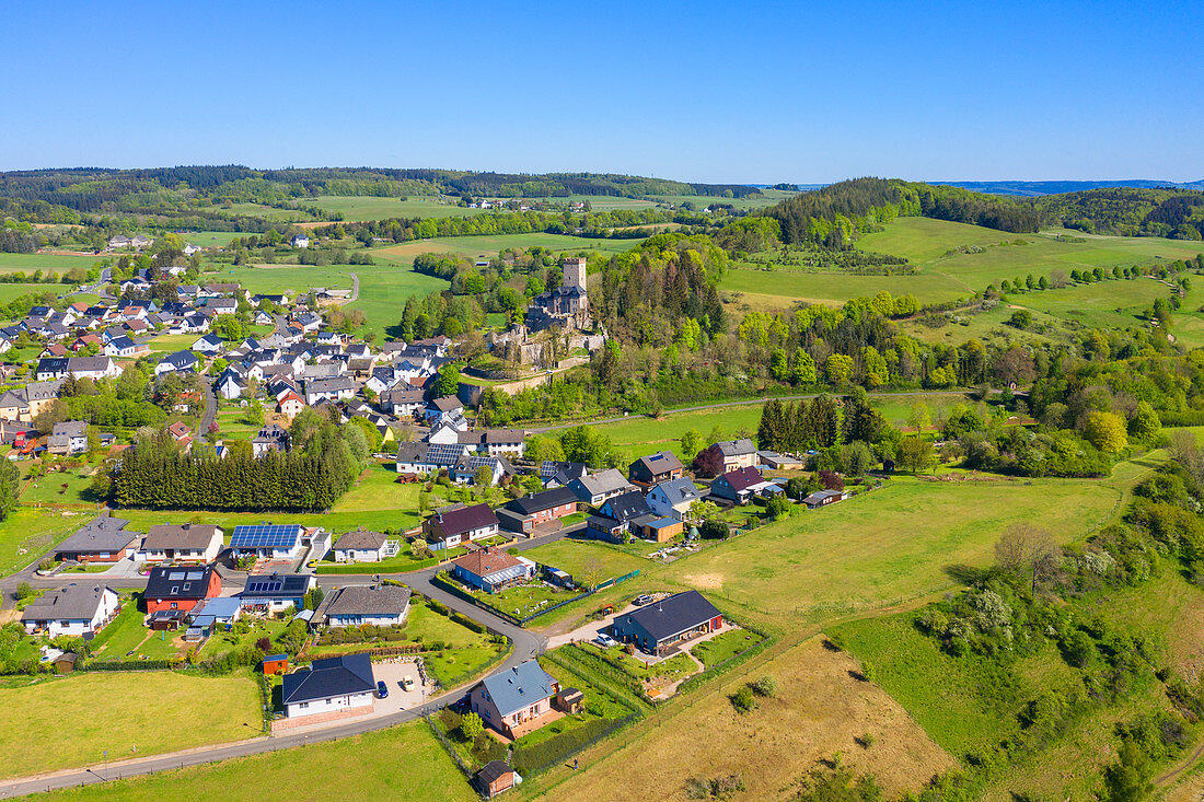Aerial view of Kerpen with castle, Eifel, Rhineland-Palatinate, Germany