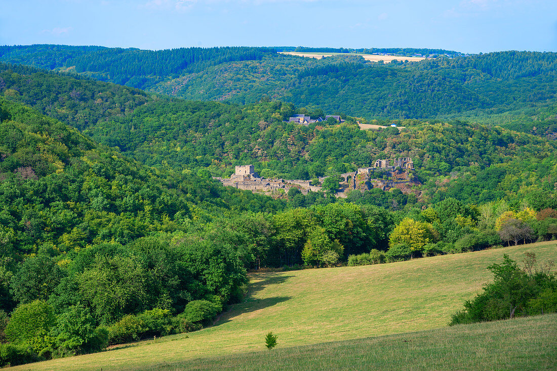 The Schmidtburg in the Hahnenbach valley, Schneppenbach, Hunsrück, Rhineland-Palatinate, Germany