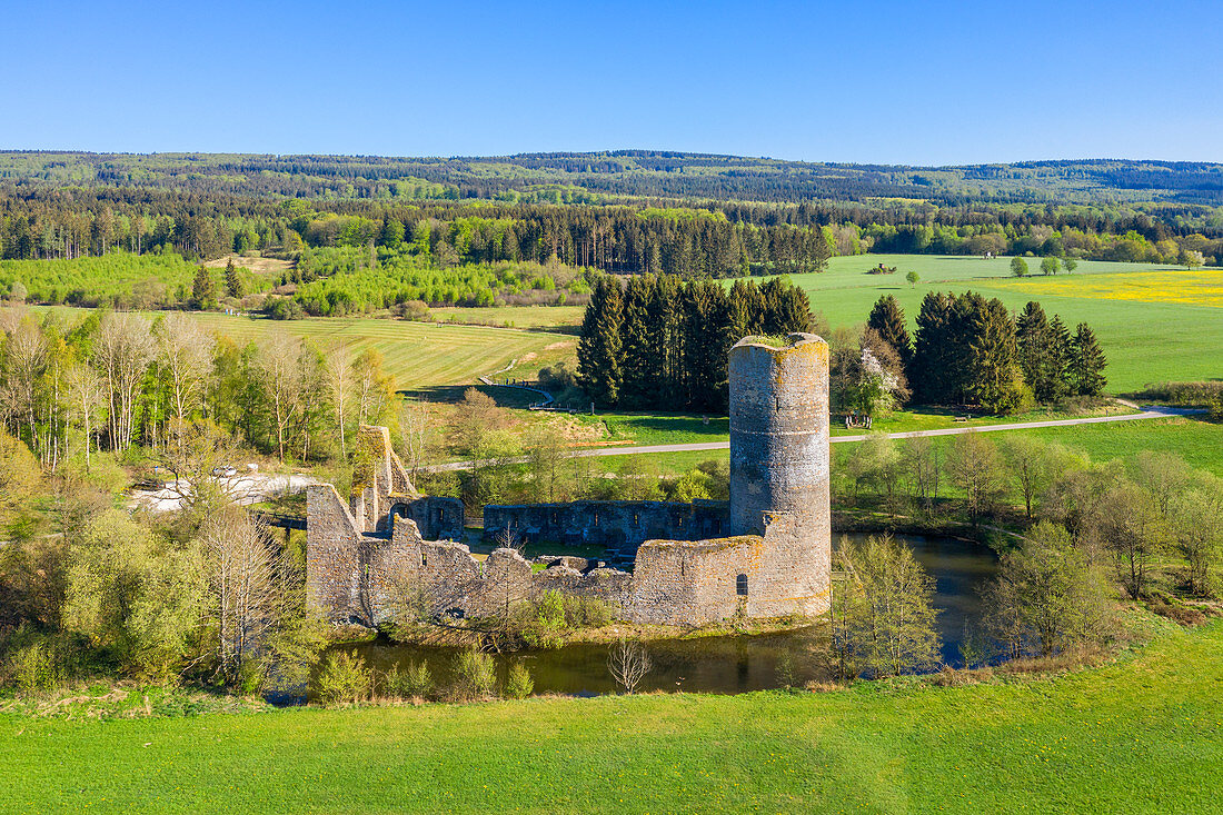 Aerial view of the castle ruins at Baldenau near Morbach, Hunsrück, Rhineland-Palatinate, Germany