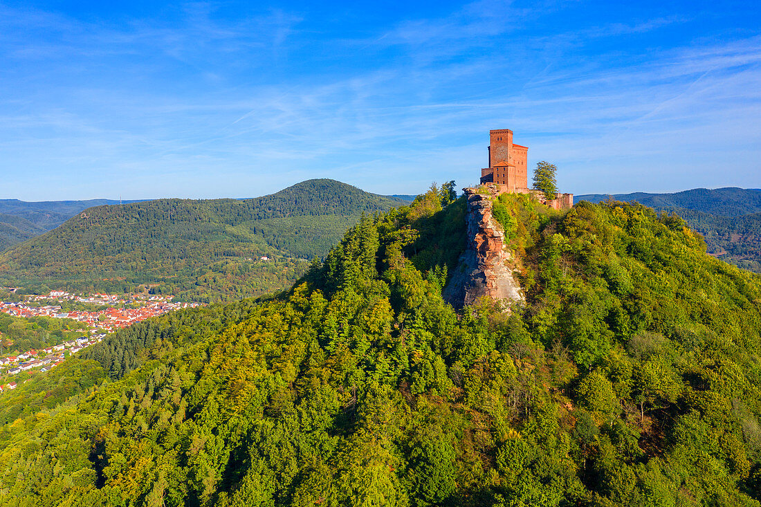 Aerial view of Trifels Castle near Annweiler, Wasgau, Palatinate Forest, Rhineland-Palatinate, Germany