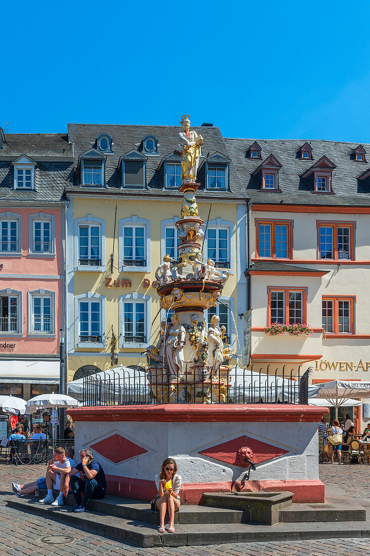 Petrusbrunnen at the main market, Trier, Mosel, Rhineland-Palatinate, Germany