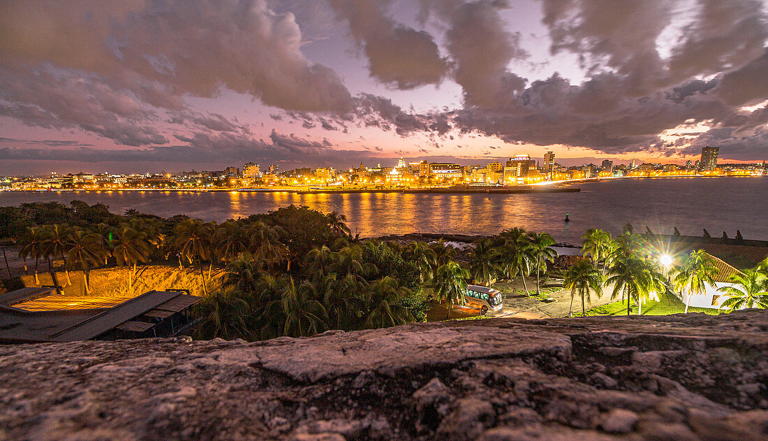 View from &quot;Castillo de los Tres Reyes del Morro&quot; fortress on Havana at sunset, Havana, Cuba