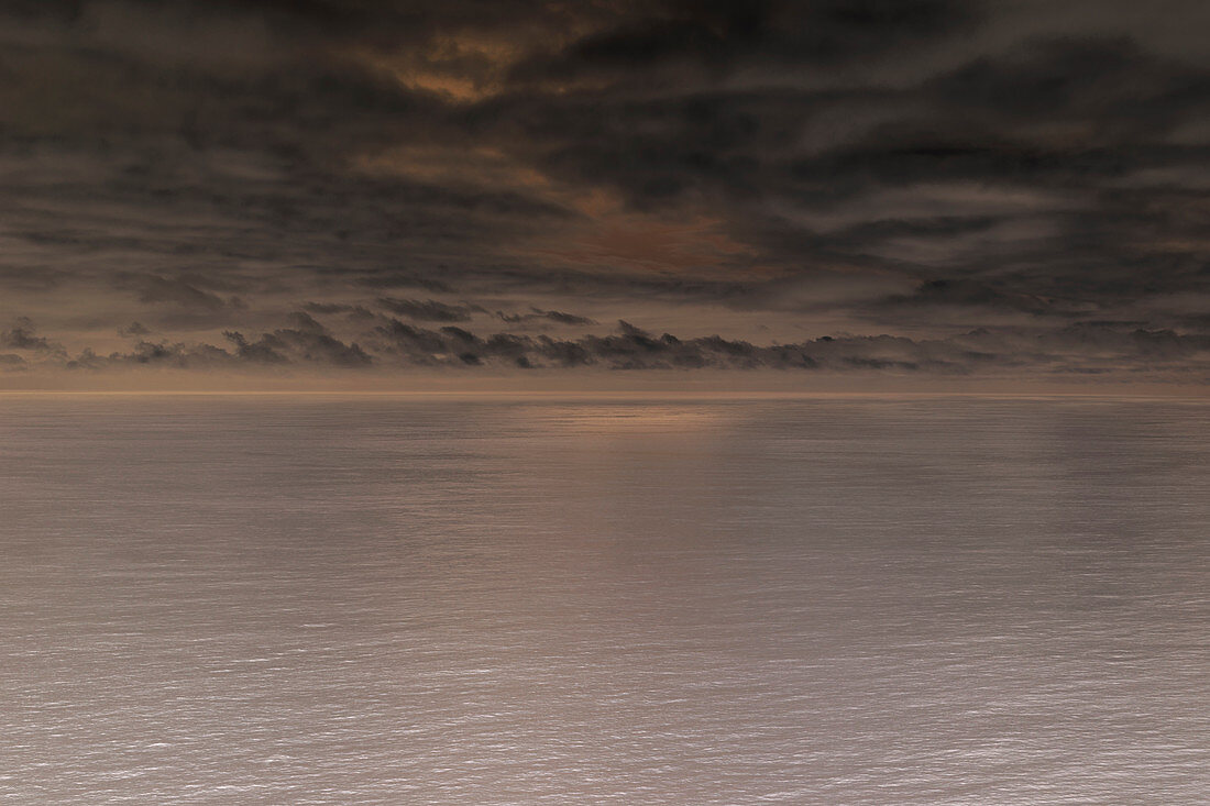 Inverted image of dark and moody clouds over a calm ocean surface at dusk