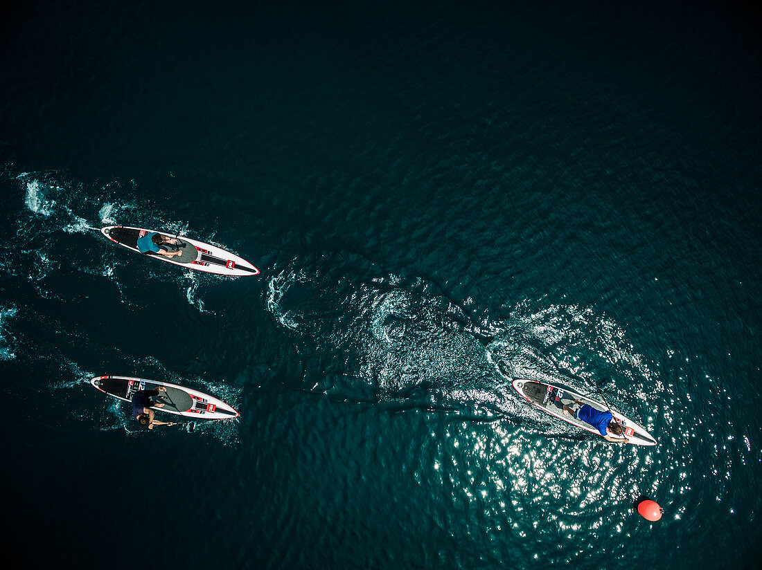 Aerial shot of a group of people on paddleboards.