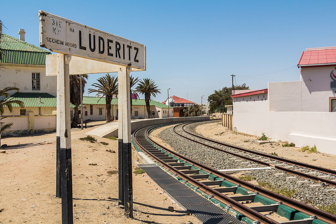 Bahnhof sign in the center of Luderitz, Namibia