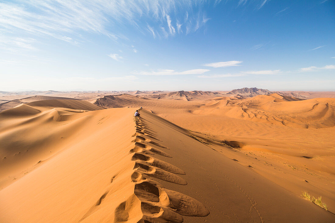 Big Daddy Dune summit with view over dune landscape of Sossusvlei, Sesriem, Namibia