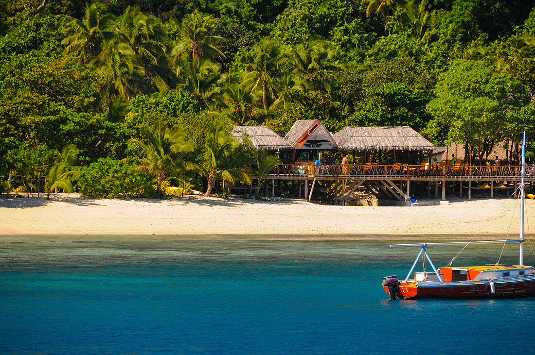 Beach bar amidst tropical vegetation, Botaira Resort, Naviti Island, Fiji