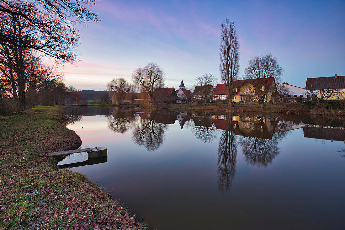 View of the village pond in Birklingen, Iphofen, Kitzingen, Lower Franconia, Franconia, Bavaria, Germany, Europe